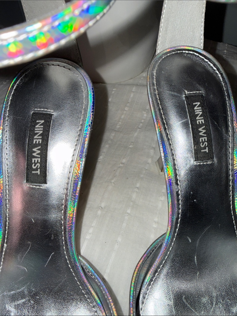 Nine West Holographic Silver Pointed-Toe Ankle-Strap Heels - Picture 2 of 11